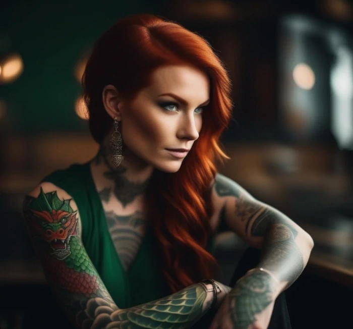 Татуировка зелённого дракона у девушке на руке