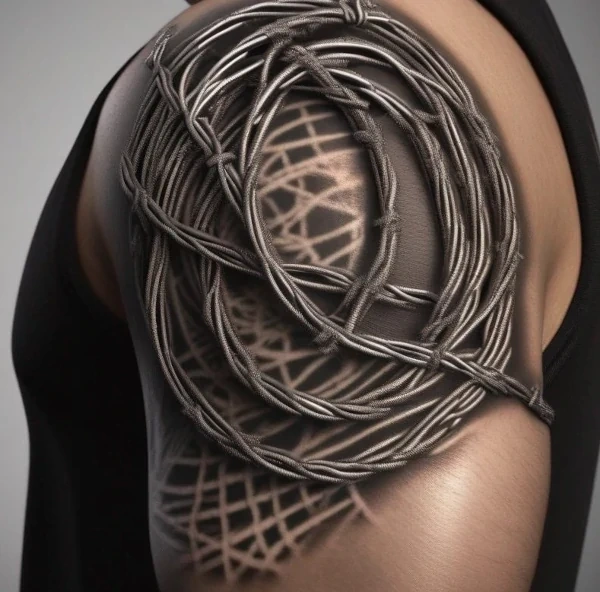 Тату колючая проволока 3d на плече