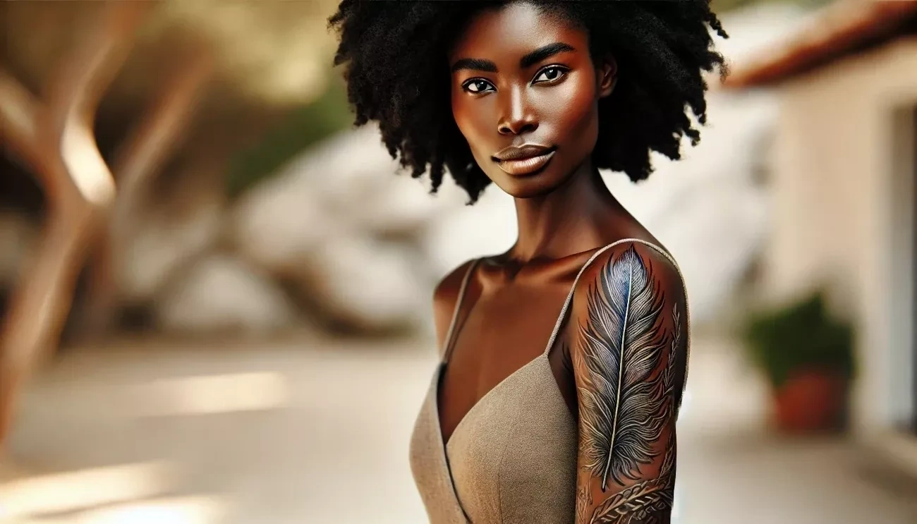 Чернокожая красавица с татуировкой перо на плече