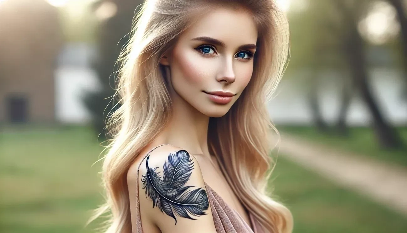 Обворожительная блондинка с татуировкой перья на плече