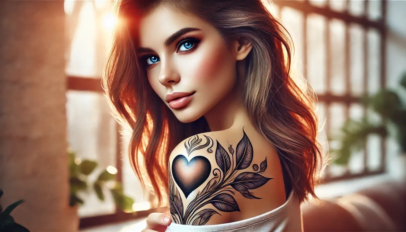 Татуировка сердце на плече у очаровательной девушки