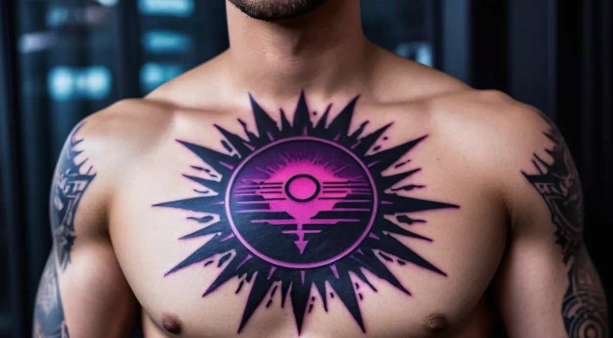 тату чёрное солнце на груди в стиле киберпанк