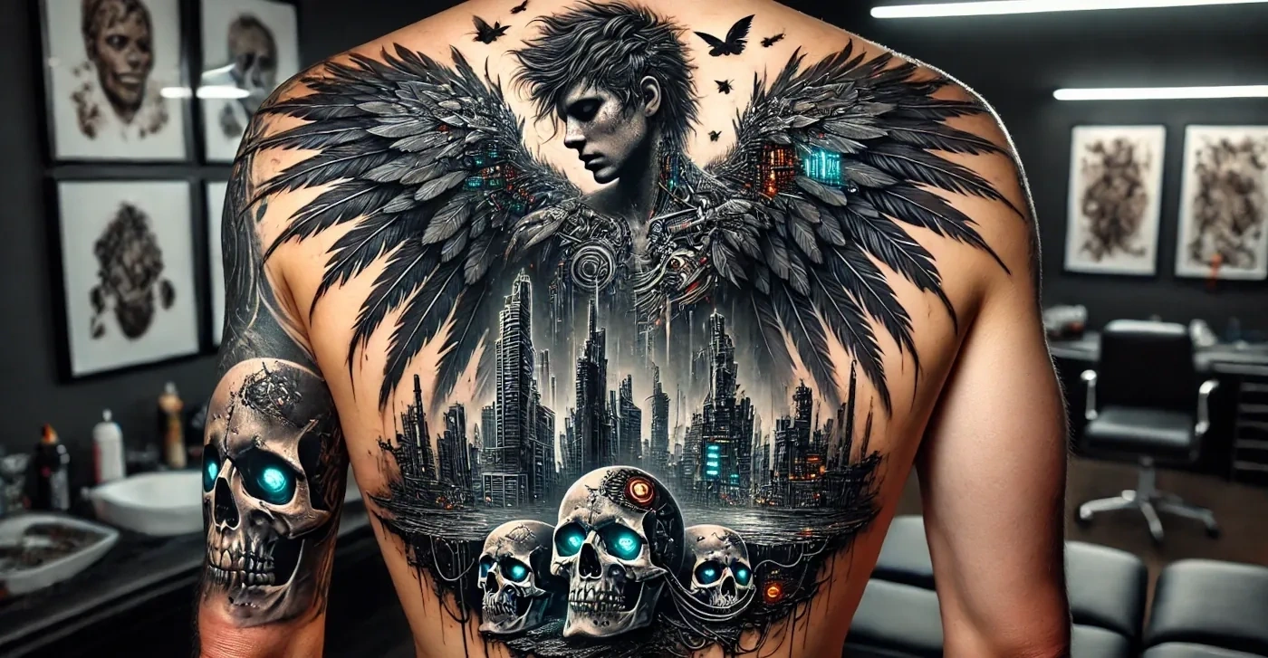 падший ангел парит над разбитым городом и черепами в стиле киберпанк