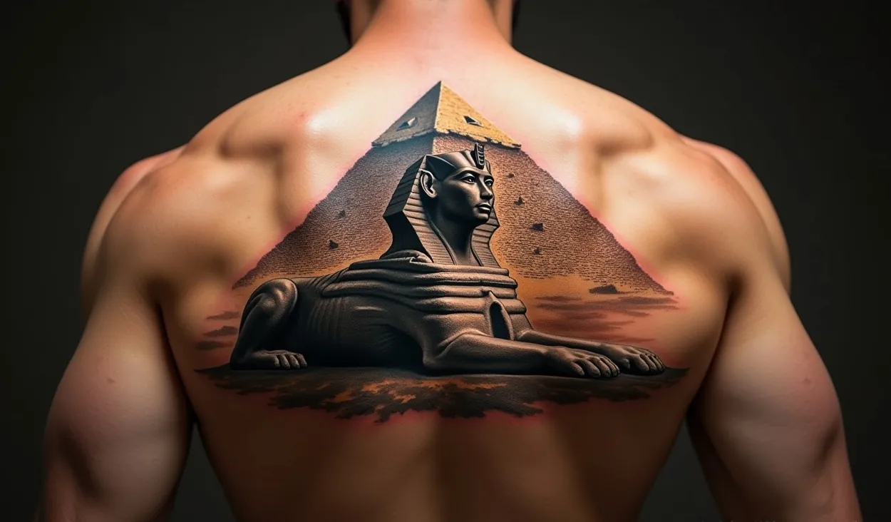 тату сфинкс у мужимны на спине