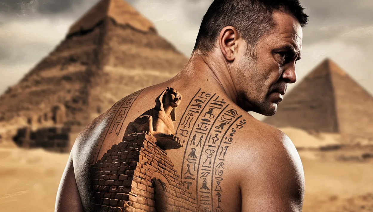 тату сфинкс у мужчины на спине Древний Египет