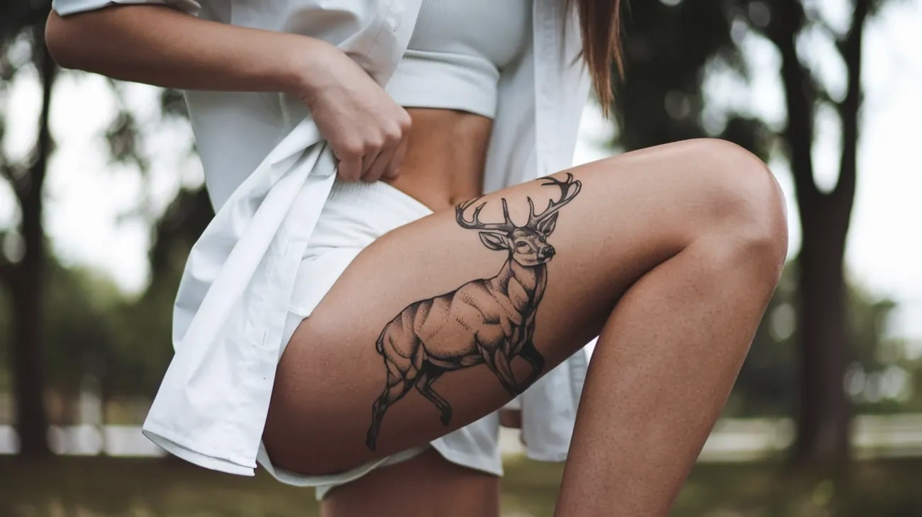 татуировка олень на бедре у девушки