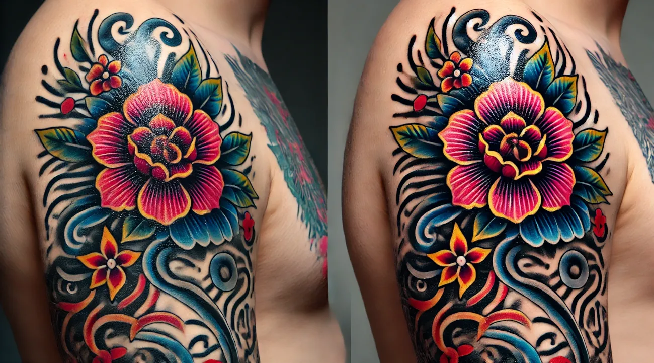 Сравнение свежей и зажившей татуировки: справа яркие цвета, слева — мягкие и приглушённые.