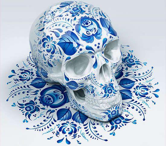 Тату гжель skull - 20 оттенков синего