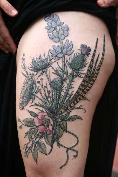 татуировки ботанические, botanical tattoo, осот луговой, тысячелистник, аир, шиповник, 