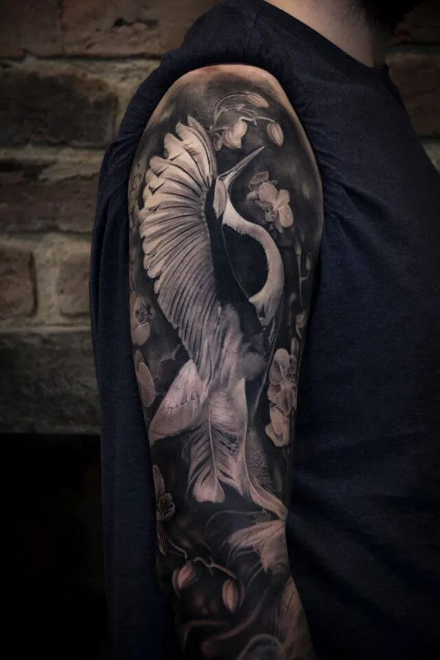 Тату цапли чб плечо