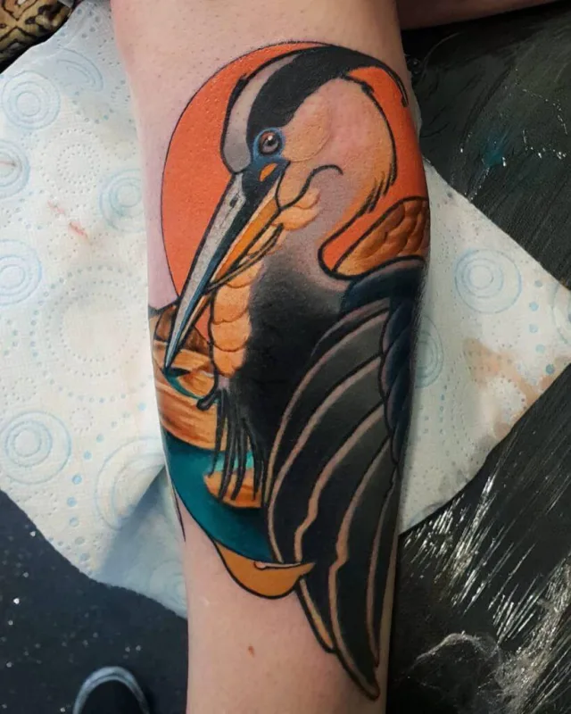 Татуировка цапли на предплечье