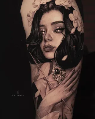 Black & Grey портрет девушки с цветами
