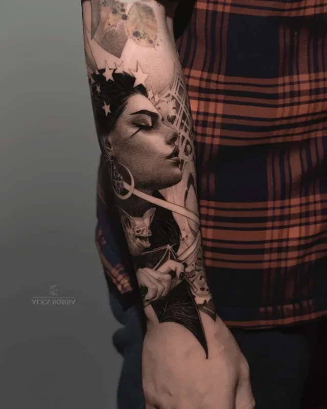 Black & Grey портрет девушки со звёздами и лисой