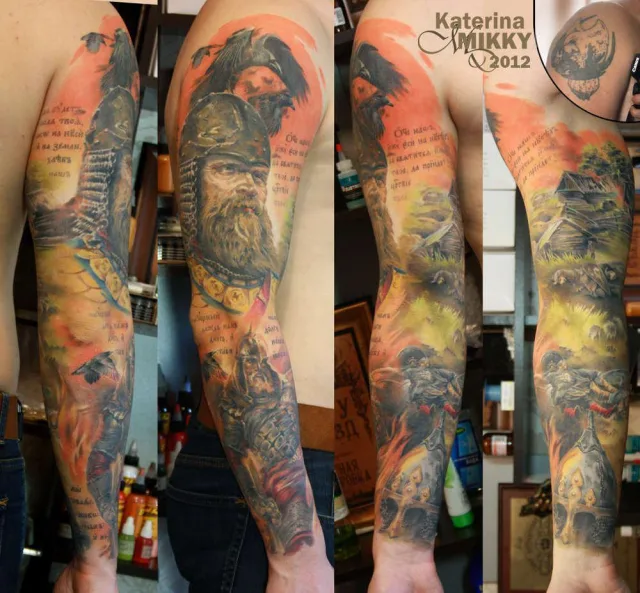 Cover-up тату-рукав былинные русские сюжеты