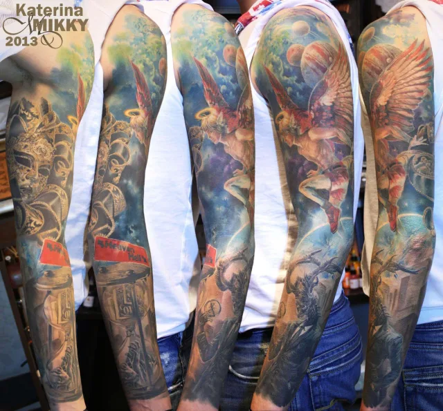 Тату рукав маска, ангелы и демоны