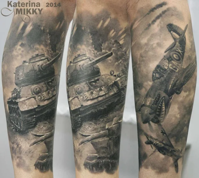 Тату военные на голени техника