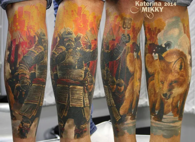 Тату на голени лиса и самурай