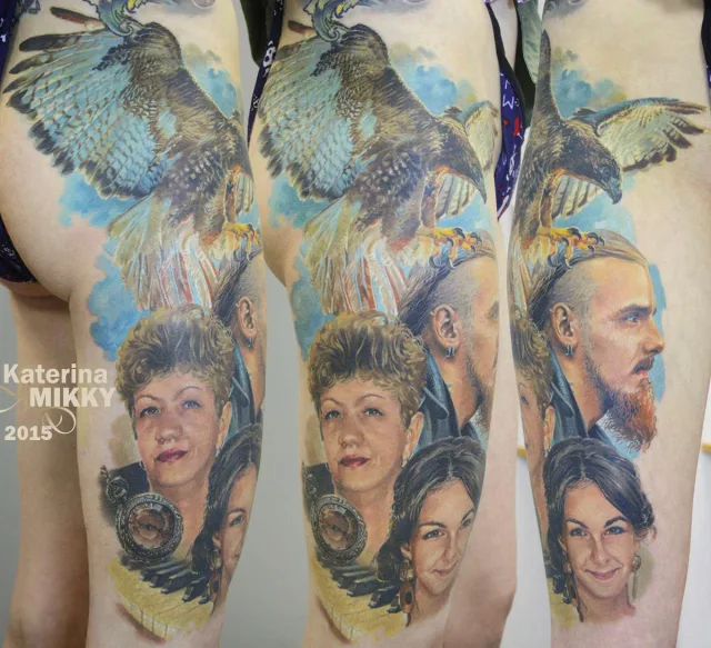 Тату портрет музыкальный на бедре