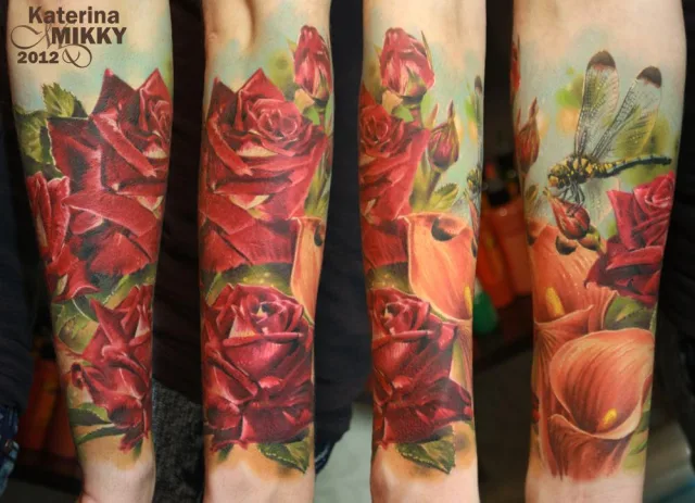 Тату розы, каллы и стрекоза