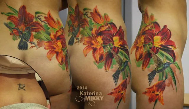 Тату лилия и колибри Cover up