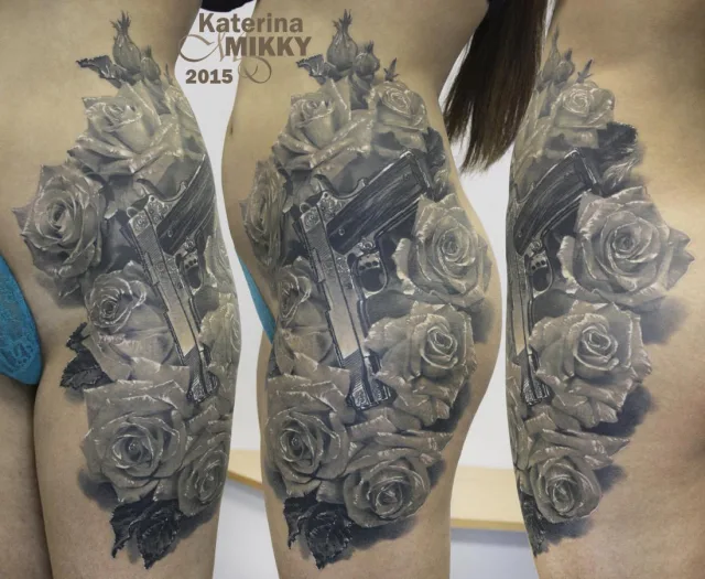 Тату роза и пистолет