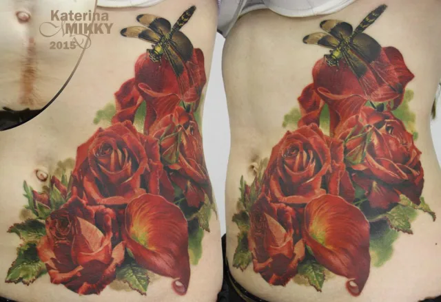 Тату роза, каллы, стрекоза Cover up