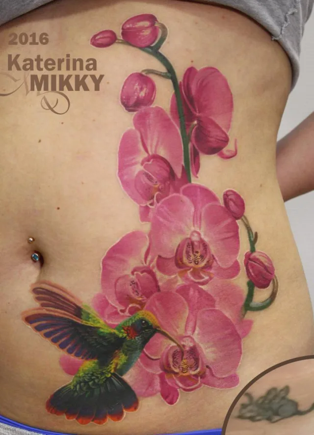 Тату орхидеи и колибри