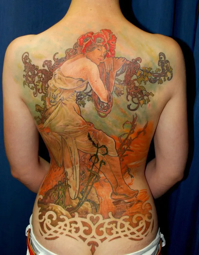 Тату картина Альфонса Мухи Лето на всю спину