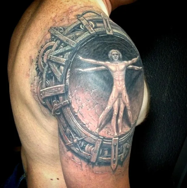 Тату Человек Леонардо да Винчи стимпанк винтаж камень на плече