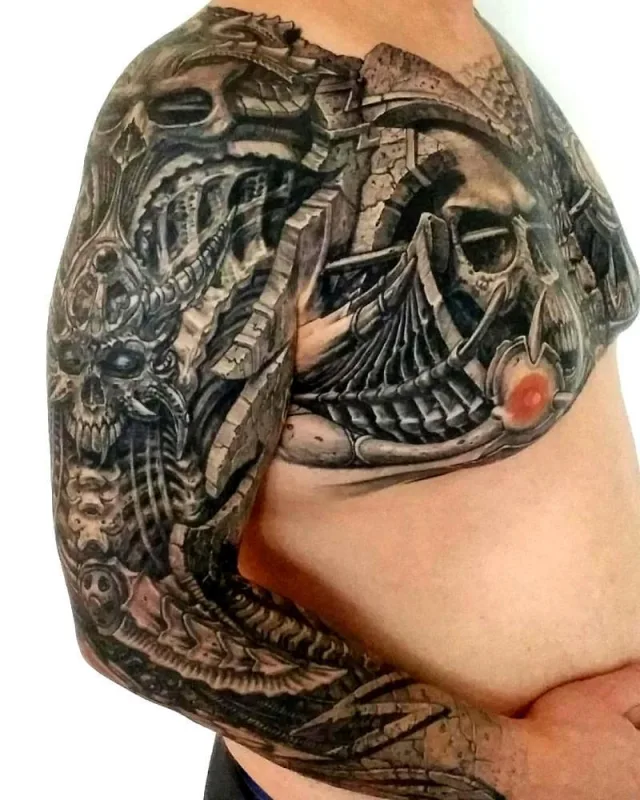 Тату череп Skull киберпанк на груди и руке