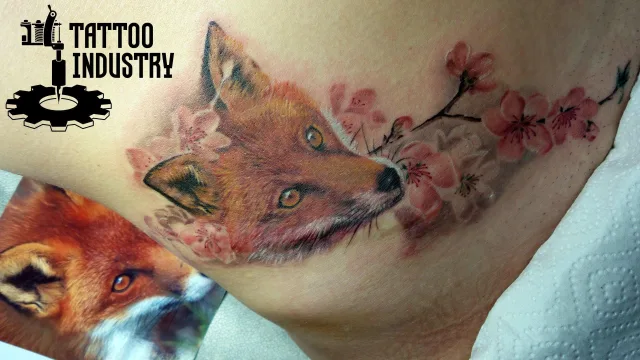 Тату лиса с цветущей вишней реализм женская