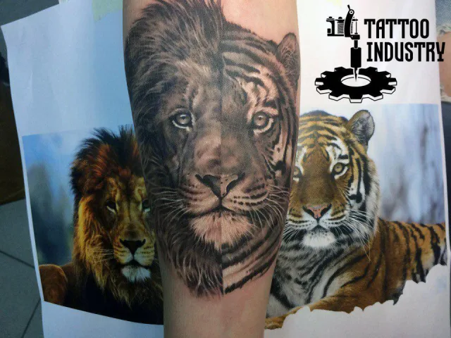 Тату лев и тату тигр по фото на голени