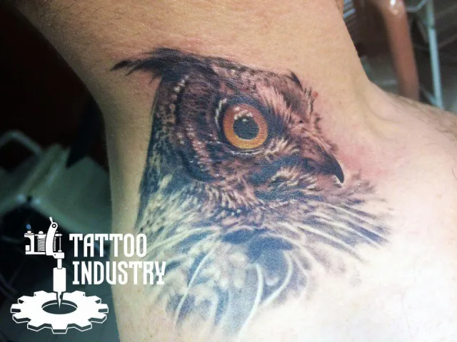 Тату сова реализм на шее мужская